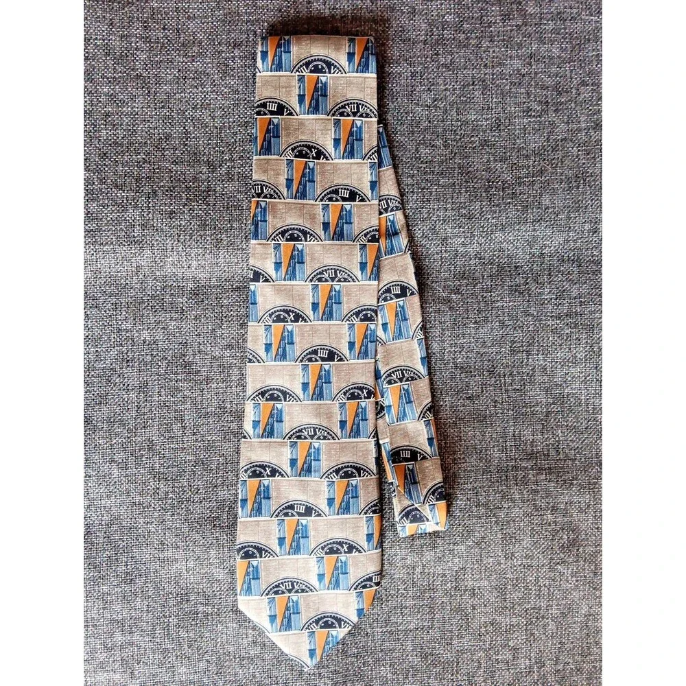 Tie 70s 80s 90s Y2K Mens Structure Silk Brown Blue Beige Tan 3.75 Wide 59 Long